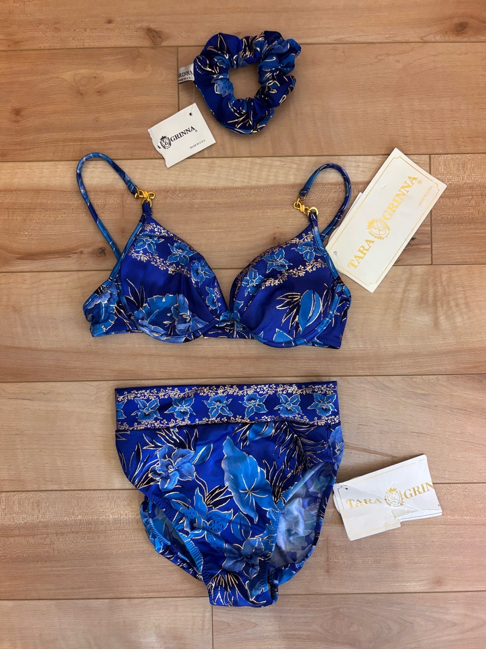 VTG Tara Grinna Royal Blue Gold Floral Underwire Bikini Top Deadstock NWT